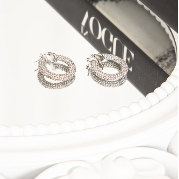 Crystal Embellished Silver Hoop Earrings - Picture 7 of 9